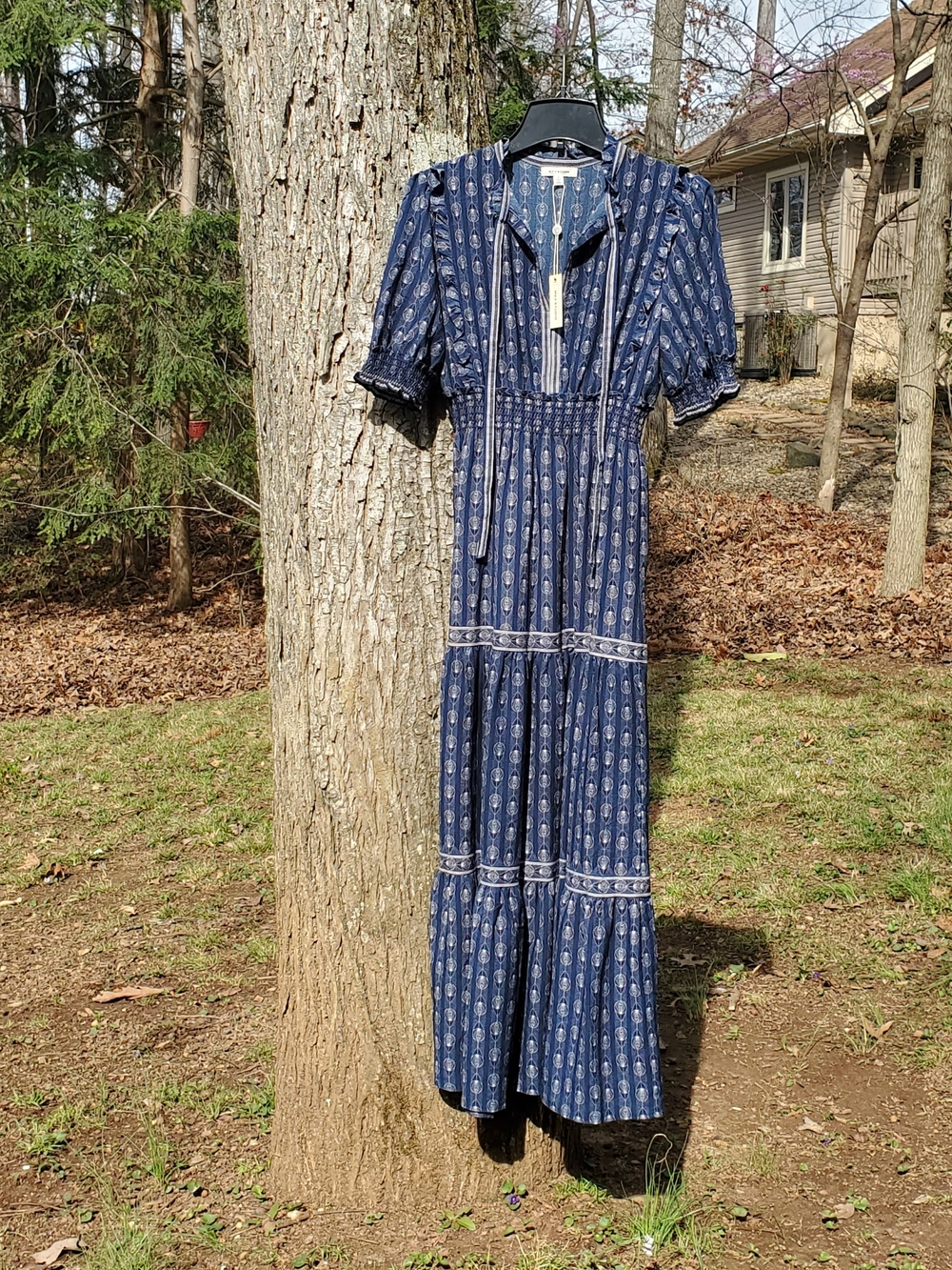 Max Studio Tiered Midi Pleated Flowing Dress Blue with Print NWT Size Small - Picture 5 of 7